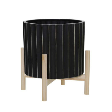 Picture of Ceramic 12" Fluted Planter with Wood Stand - Black
