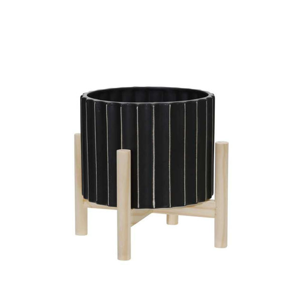 Picture of Ceramic 8" Fluted Planter with Wood Stand - Black