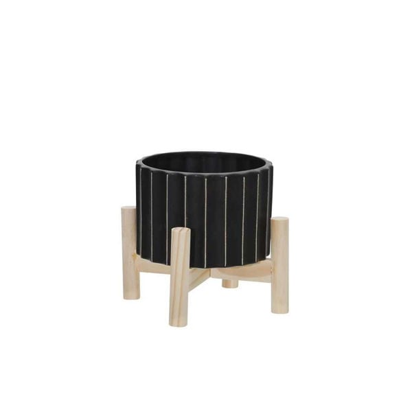 Picture of Ceramic 6" Fluted Planter with Wood Stand - Black