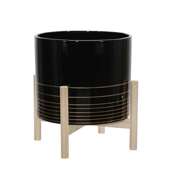 Picture of Ceramic 12" Metallic Planter with Wood Stand - Bla