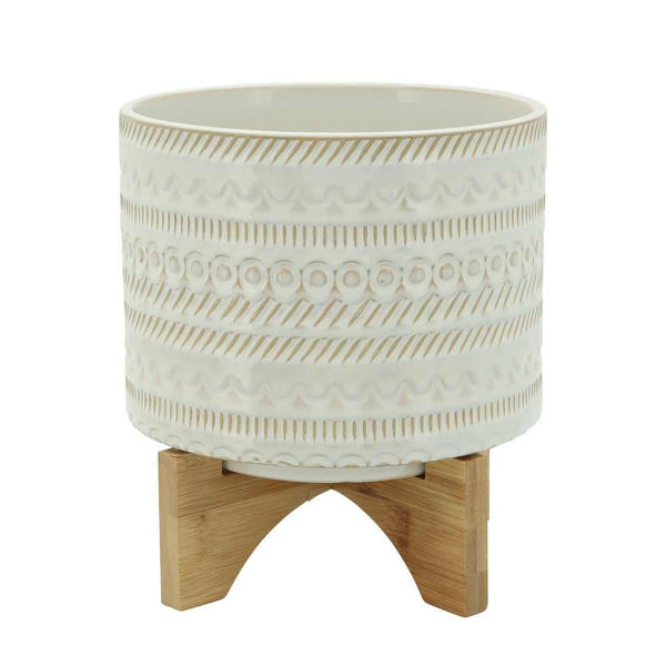 Picture of Tribal 8" Planter with Wood Stand - Beige