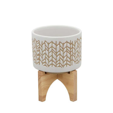 Picture of Chevron 5" Planter with Wood Stand - Beige