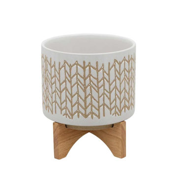 Picture of Chevron 8" PLanter with Wood Stand - Beige