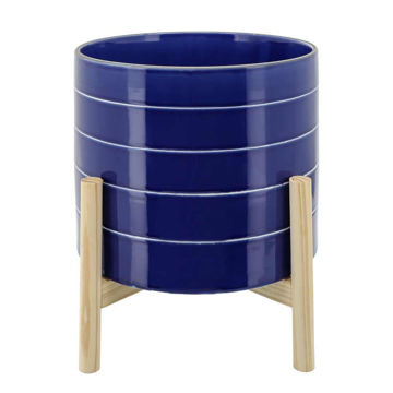 Picture of Striped 10" Planter with Wood Stand - Navy