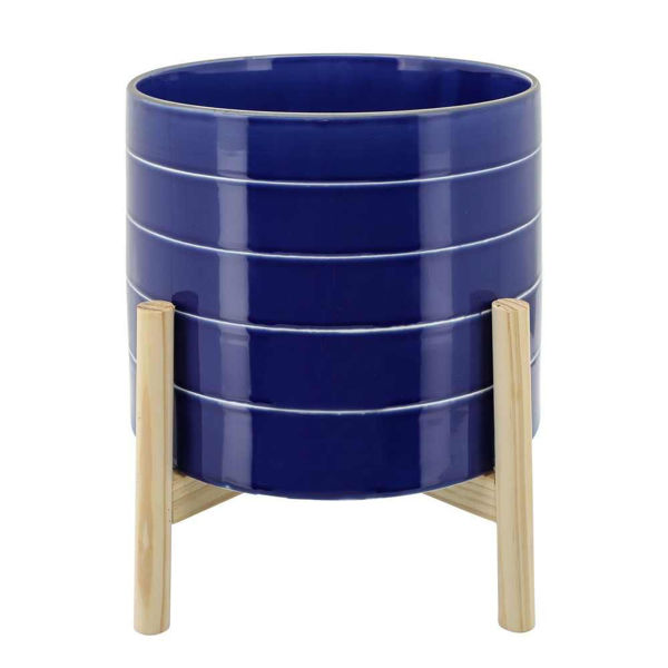 Picture of Striped 10" Planter with Wood Stand - Navy