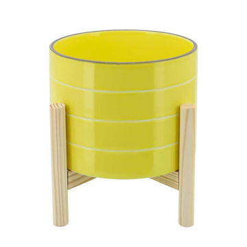 Picture of Striped 8" Planter with Wood Stand - Yellow