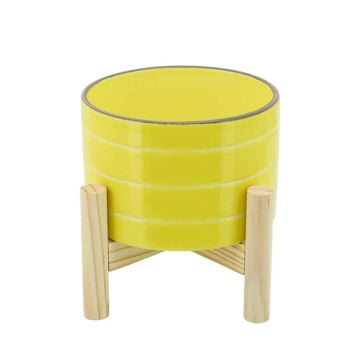 Picture of Striped 6" Planter with Wood Stand - Yellow