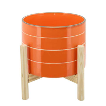 Picture of Striped 8" Planter with Wood Stand - Orange