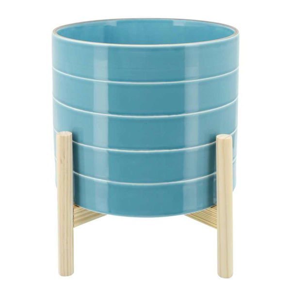 Picture of Striped 10" Planter with Wood Stand - Sky Blue
