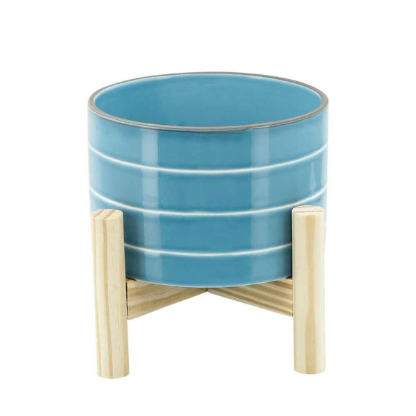 Picture of Striped 6" Planter with Wood Stand - Sky Blue