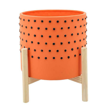 Picture of Dotted 10" Planter with Wood Stand - Orange