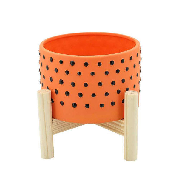 Picture of Dotted 6" Planter with Wood Stand - Orange