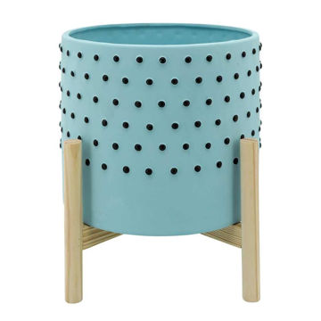Picture of Dotted 10" Planter with Wood Stand - Blue