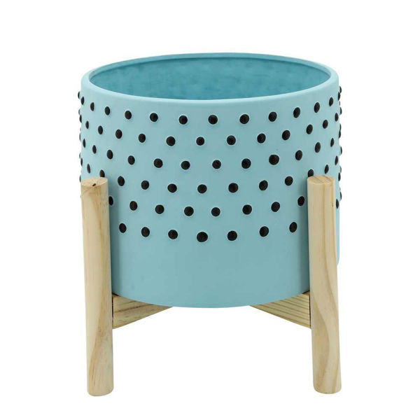 Picture of Dotted 8" Planter with Wood Stand - Blue
