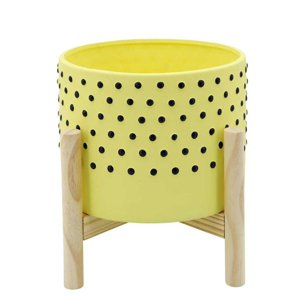 Picture of Dotted 8" Planter with Wood Stand - Yellow
