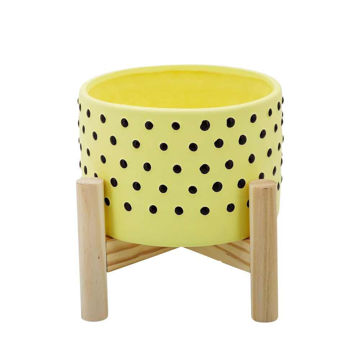 Picture of Dotted 6" Planter with Wood Stand - Yellow