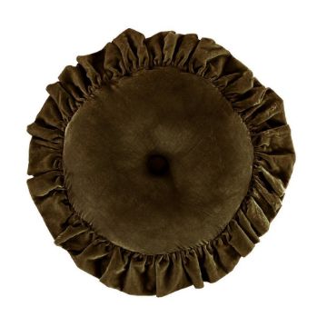 Picture of Stella Faux Silk Velvet Ruffled Round Pillow - Green Ochre