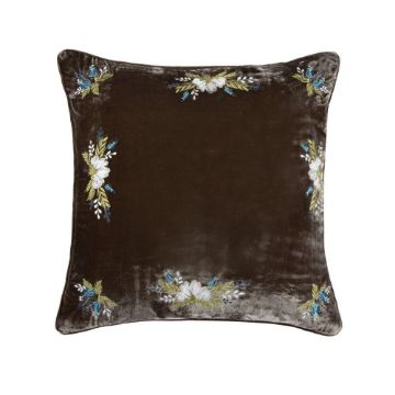 Picture of Stella Western Floral Embroidered Silk Velvet Pillow - Green Ochre