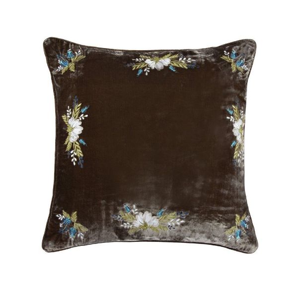Picture of Stella Western Floral Embroidered Silk Velvet Pillow - Green Ochre
