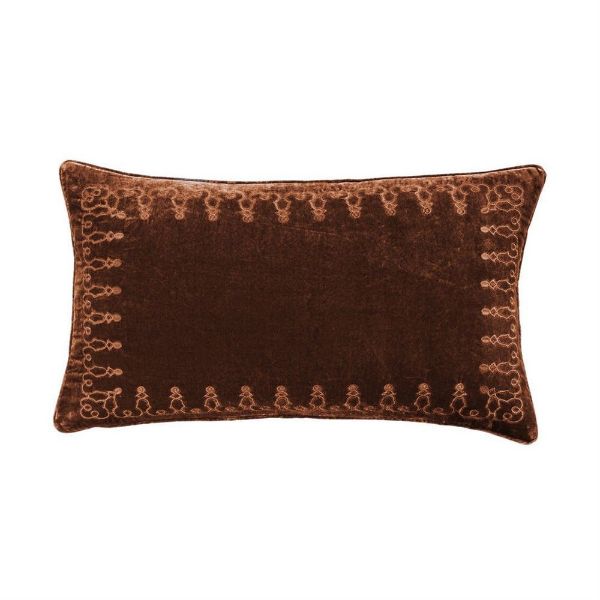 Picture of Stella Faux Silk Velvet Emproidered Lumbar Pillow - Copper Brown