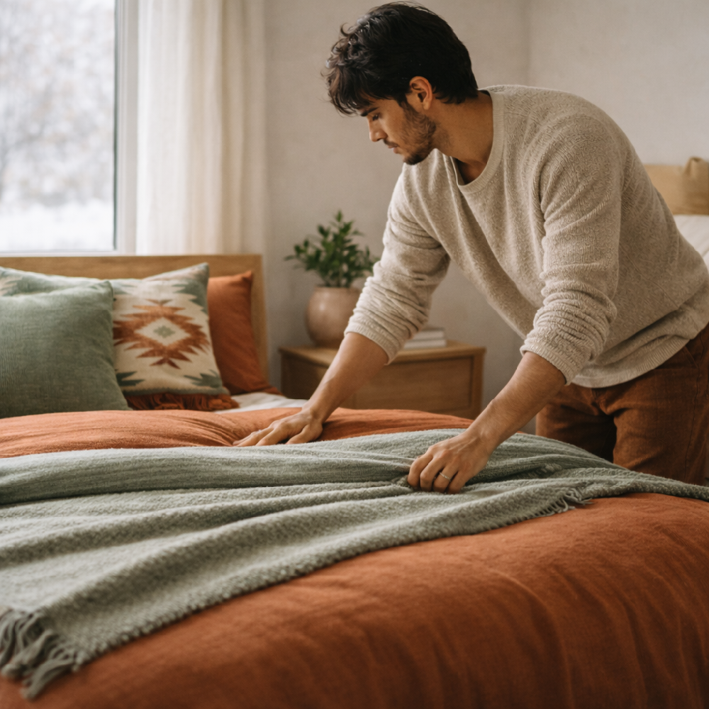 A calm and reset bedroom with fresh bedding and clear surfaces