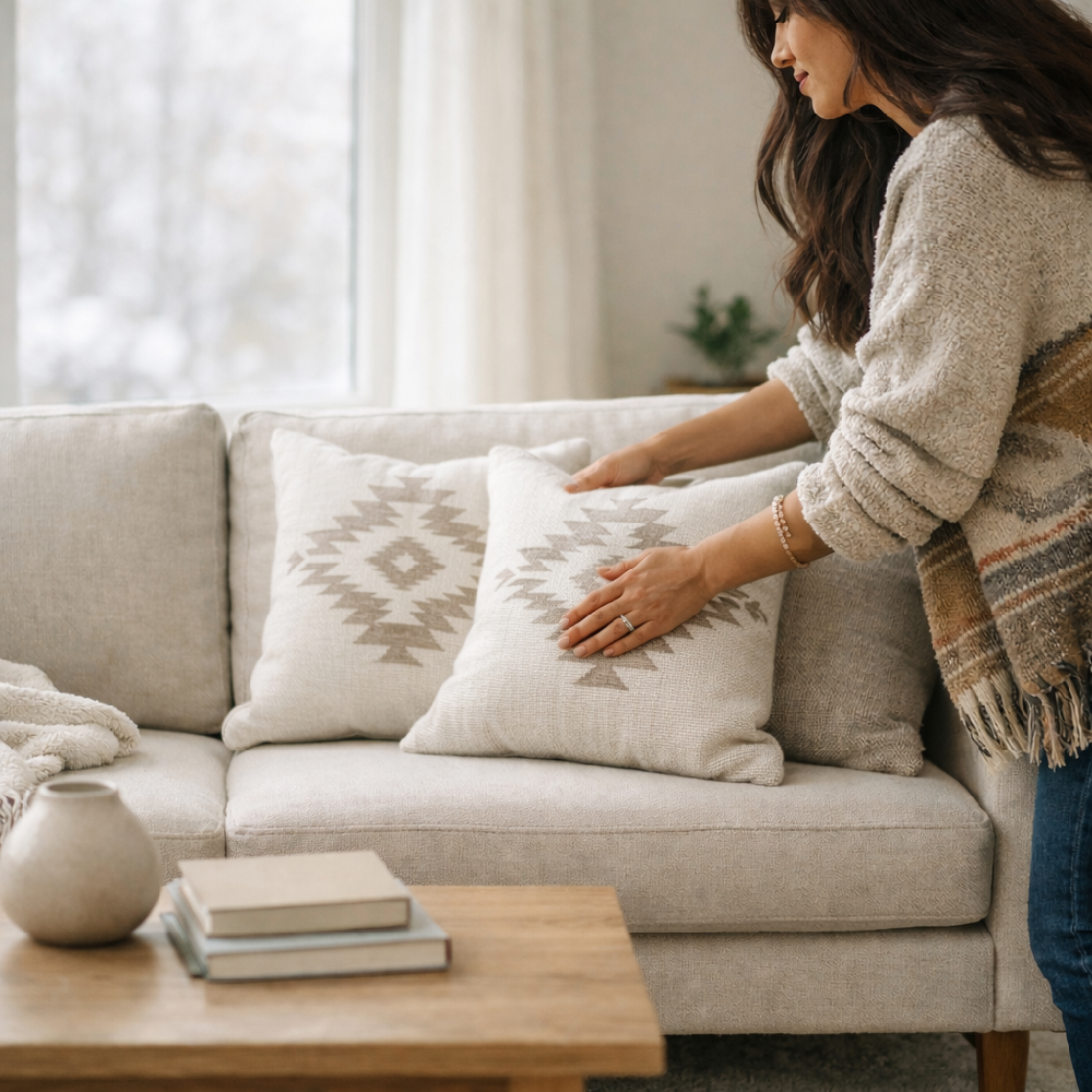 A stylish living room with fresh throw pillows and blankets, reset for the new year