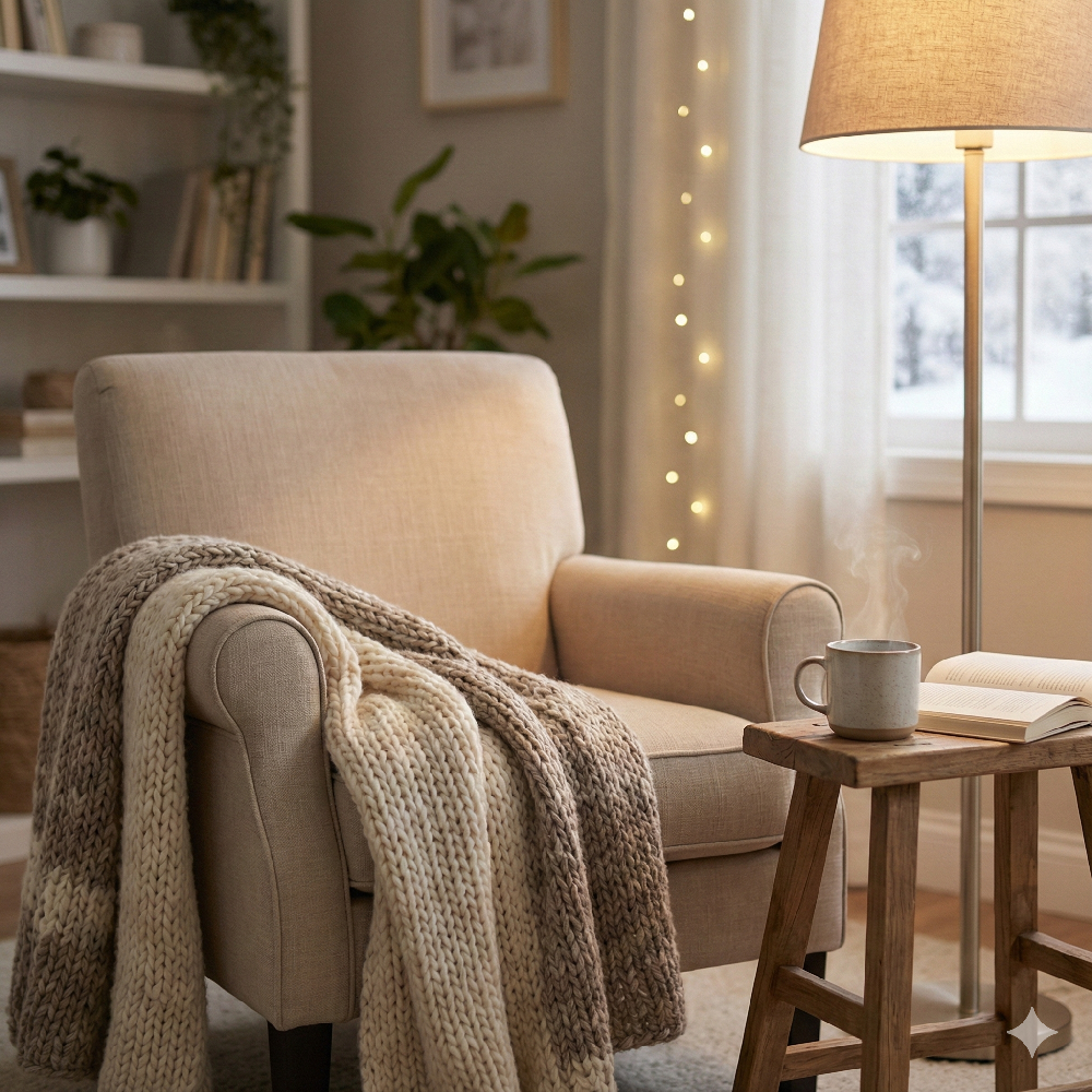 A cozy, layered bed with a soft duvet, comforter, and textured pillows for a winter bedroom