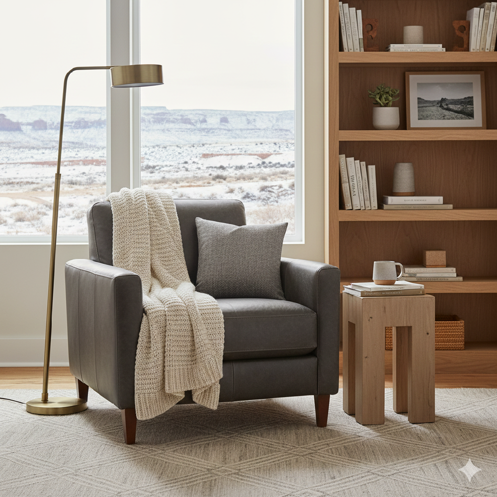A stylish living room with a gray leather sofa, cozy throws, and warm winter lighting