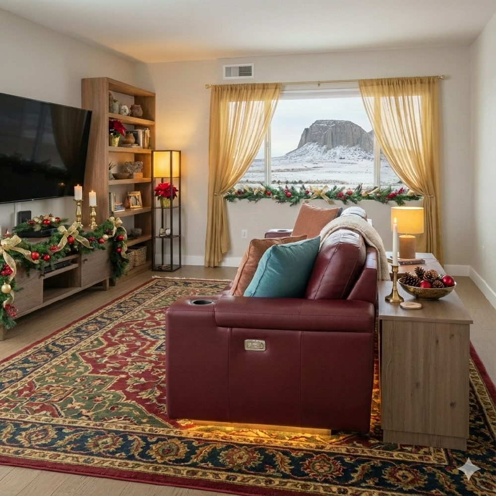 A home theater setup with red and gold holiday decorations and a sturdy entertainment console