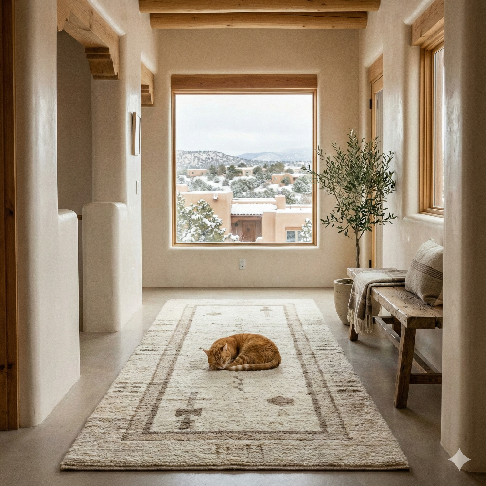 A well-sized rug placed under the front legs of a sofa in a stylish living room