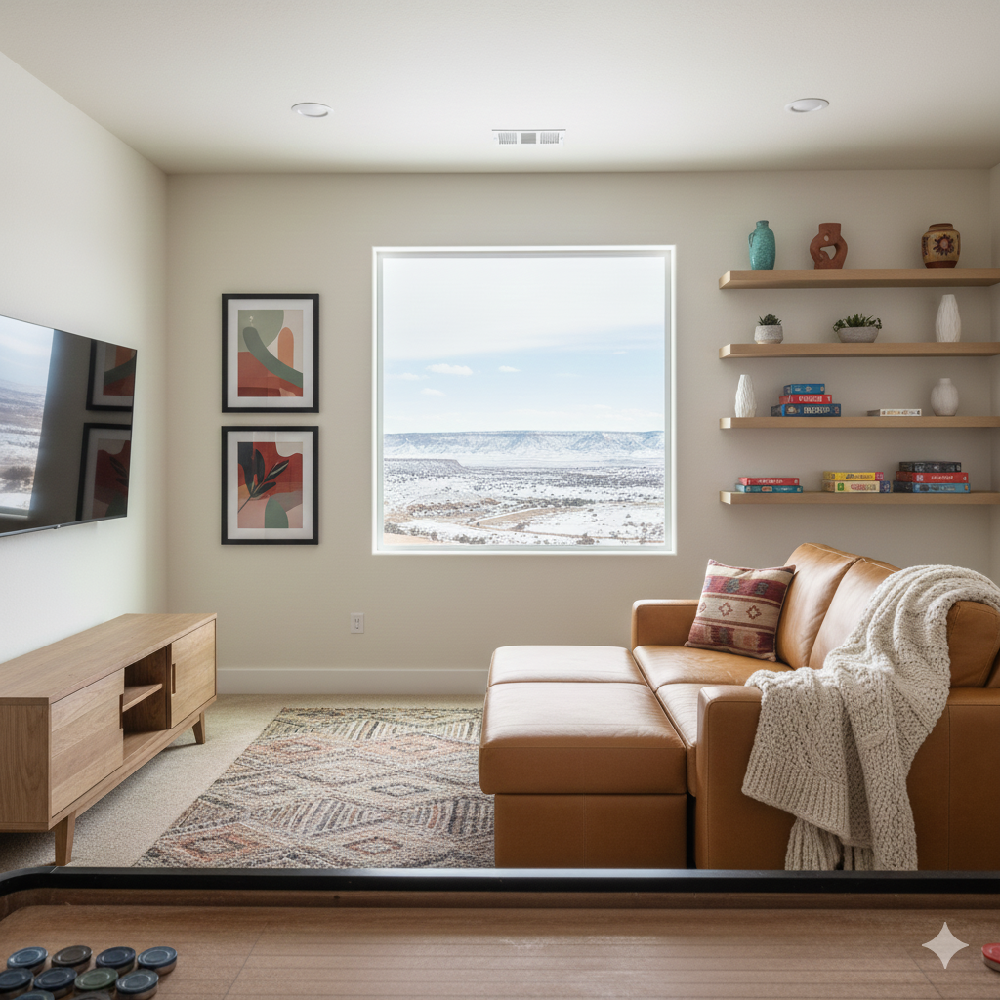 A cozy game room with a comfortable leather sleeper sofa, perfect for winter gatherings