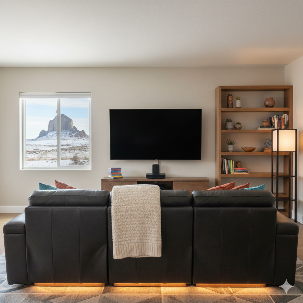 A cozy home theater with soft, warm lighting and comfortable seating for winter nights