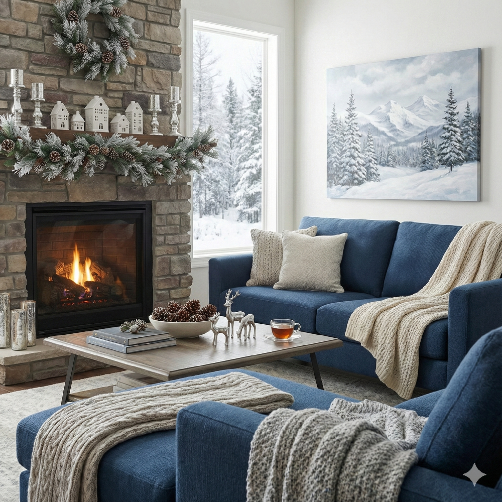 A cozy living room with a blue sofa, layered rugs, and soft textures for winter warmth