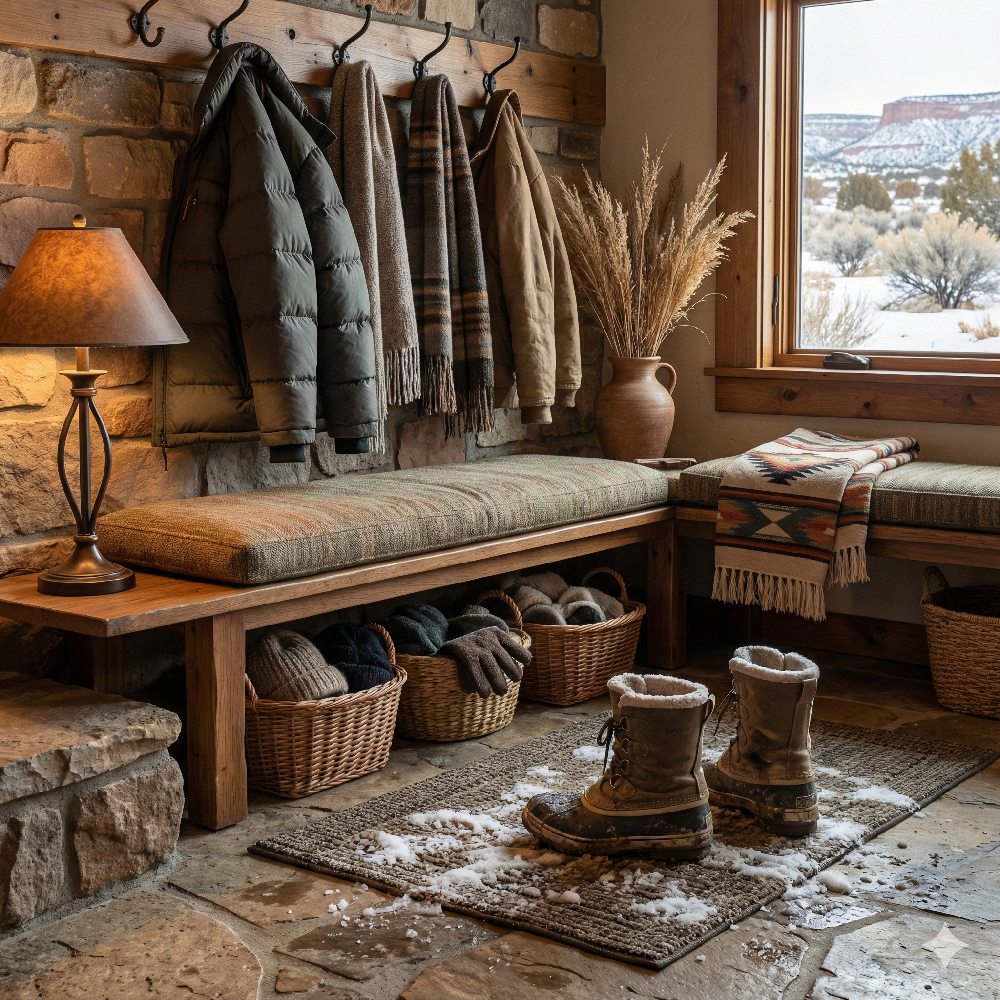 A warm and inviting entryway with a storage bench and soft runner rug