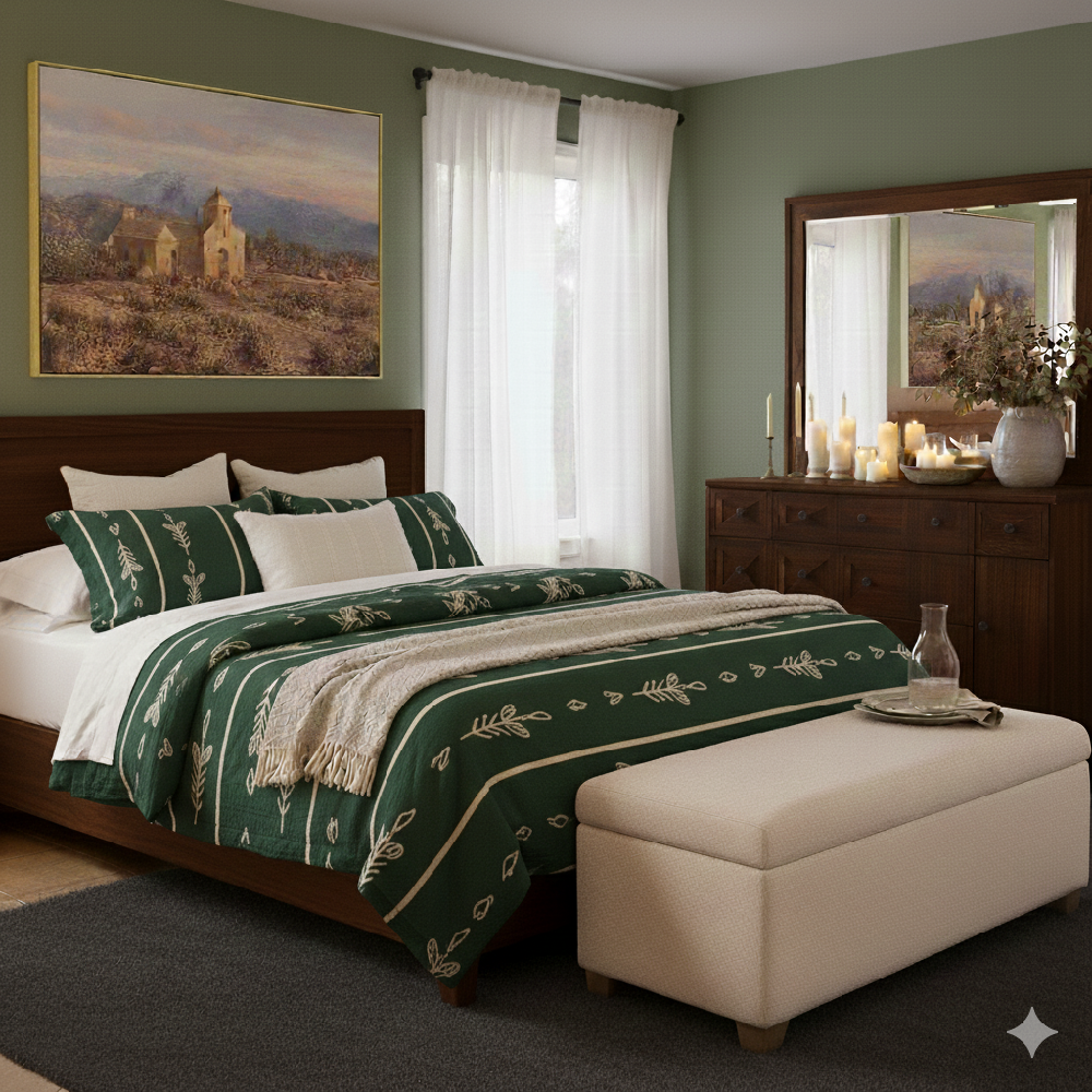 A serene bedroom with a white upholstered headboard and soft, neutral bedding