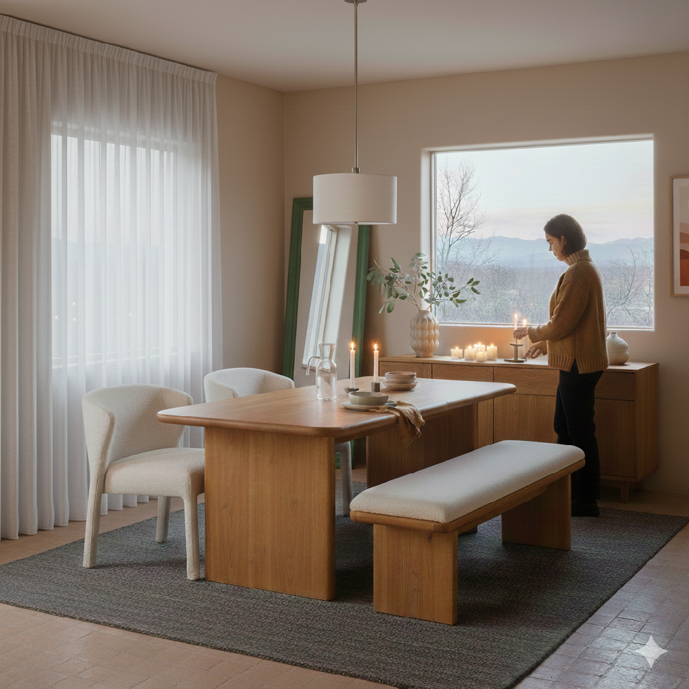 A bright dining room with white chairs and soft, glowing light