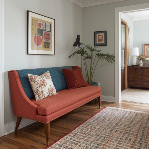 A stylish, slim settee with visible legs, representing a refined accent piece