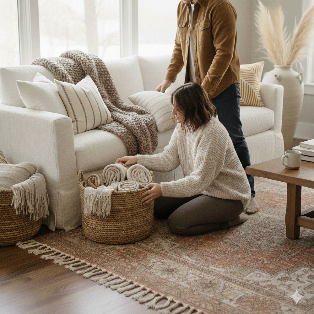 A cozy living room with textured throws and soft accent pillows to warm the light