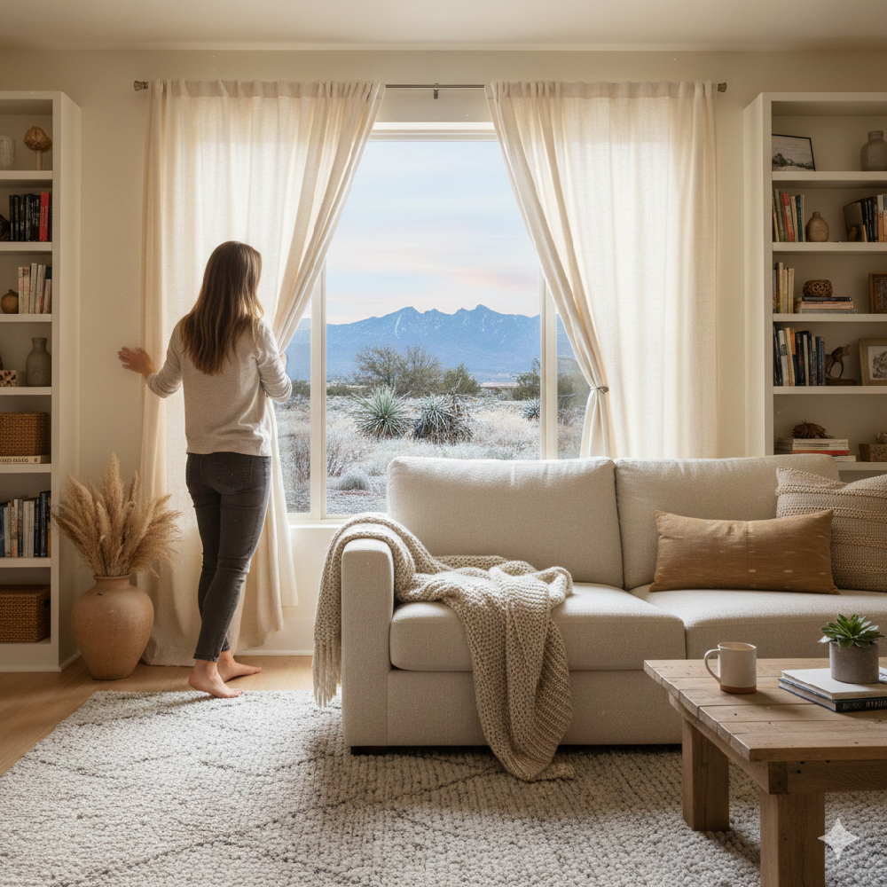 A bright living room with sheer curtains allowing winter daylight to enter