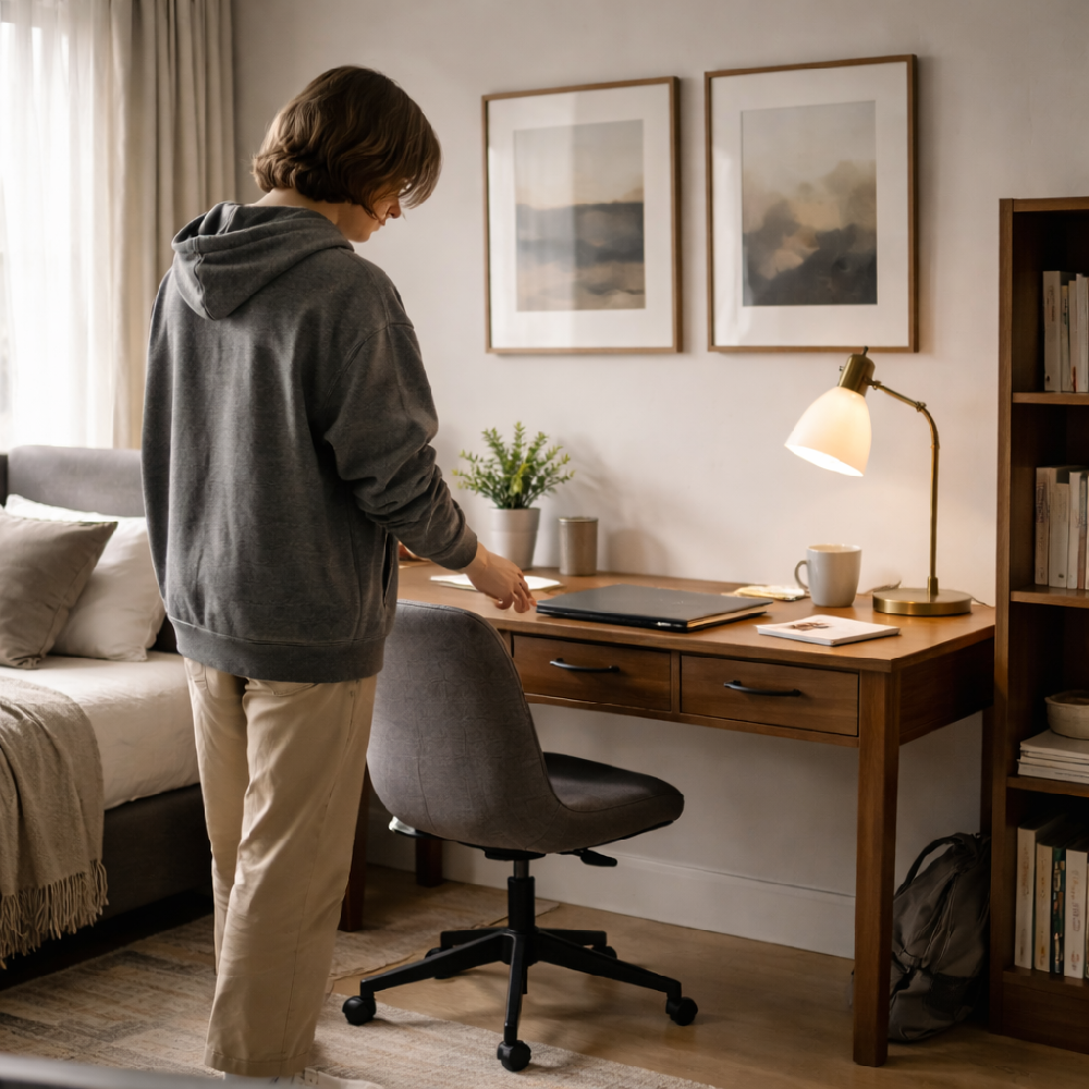 A bedroom where a stylish desk serves as the statement piece