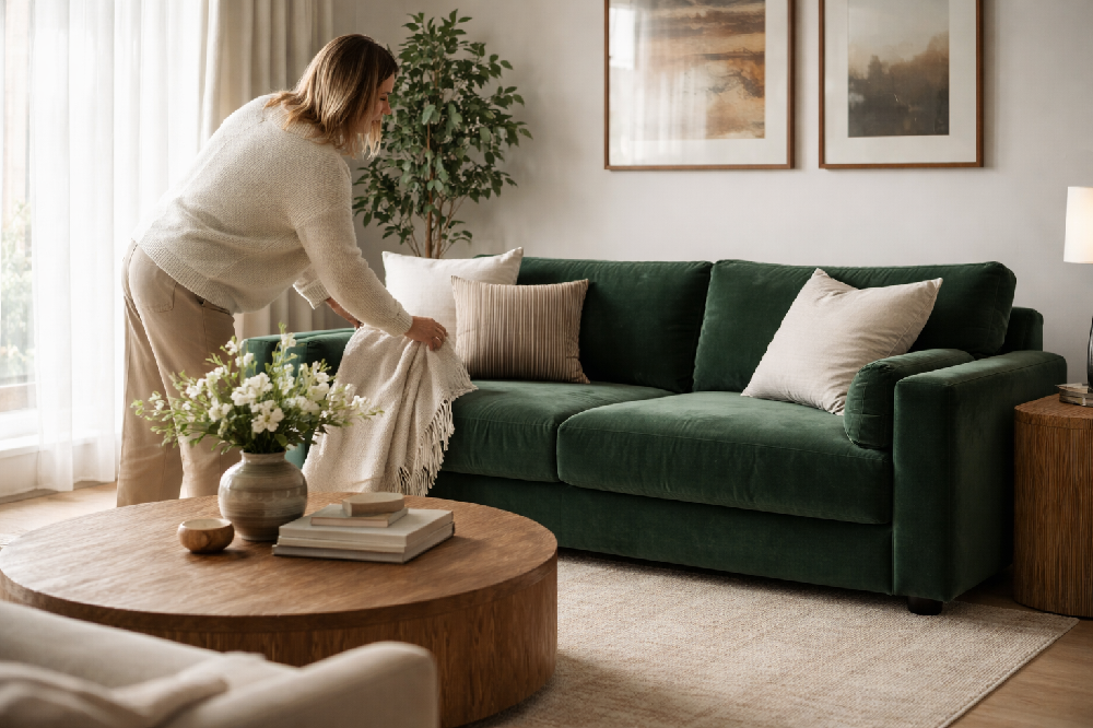 A living room with a green statement sofa as the focal point