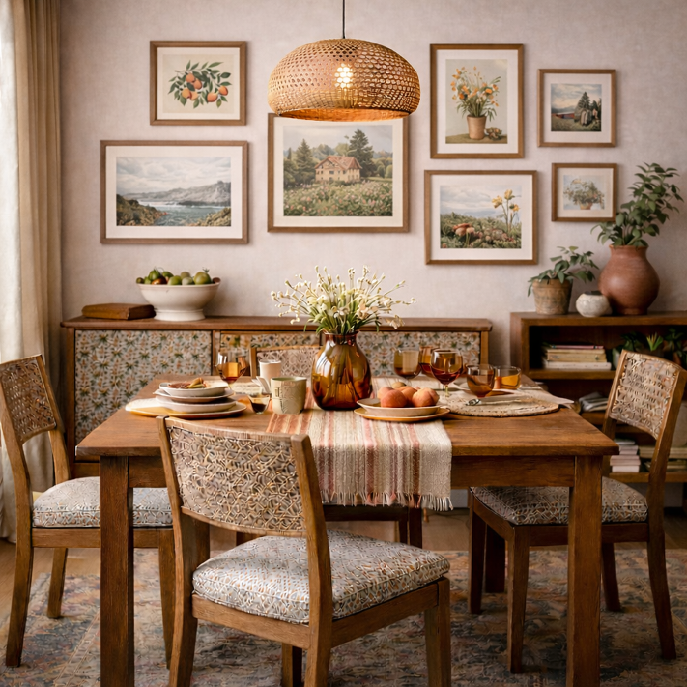 A dining room where a patterned rug is repeated with intention to create a cohesive look
