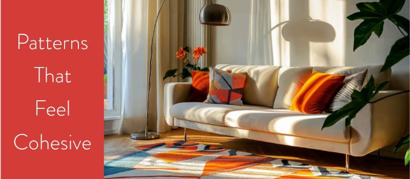 Patterned living room with sun casting a showing of the blinds over the white mid century style sofa