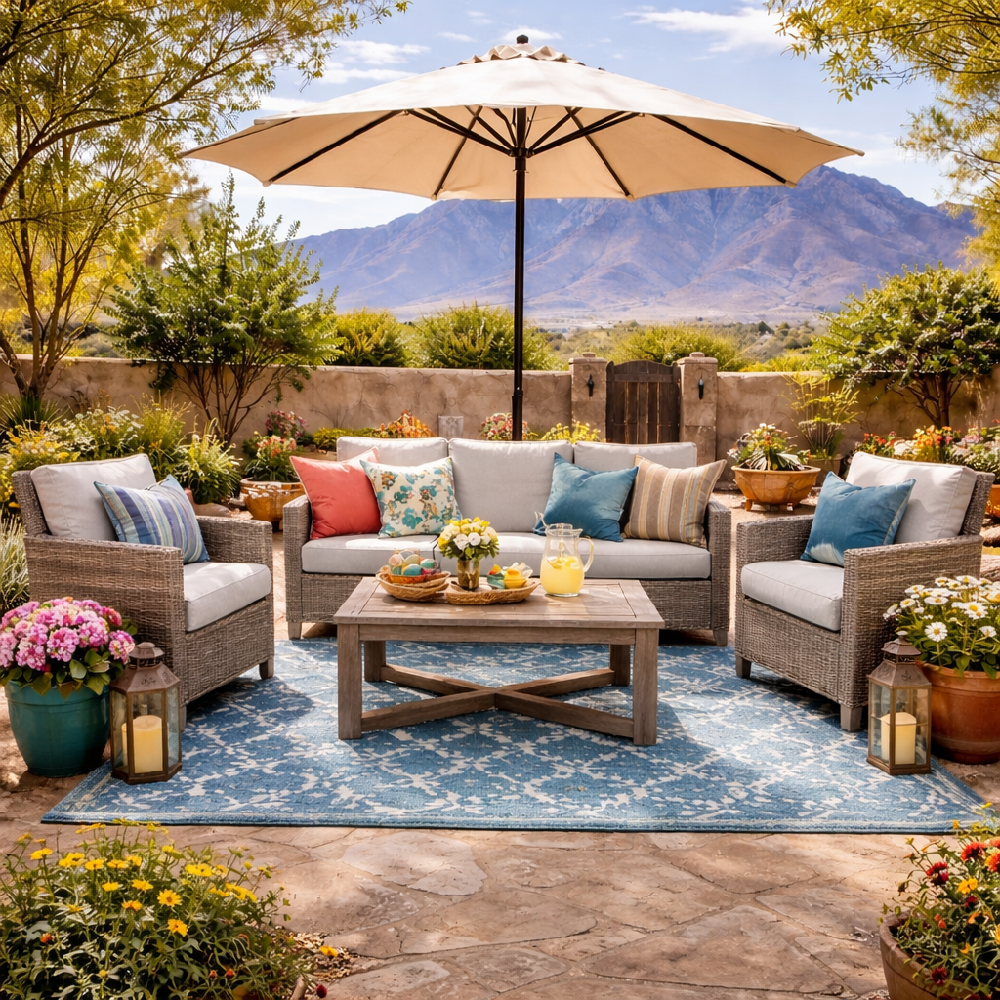 A comfortable outdoor patio seating set arranged to invite conversation