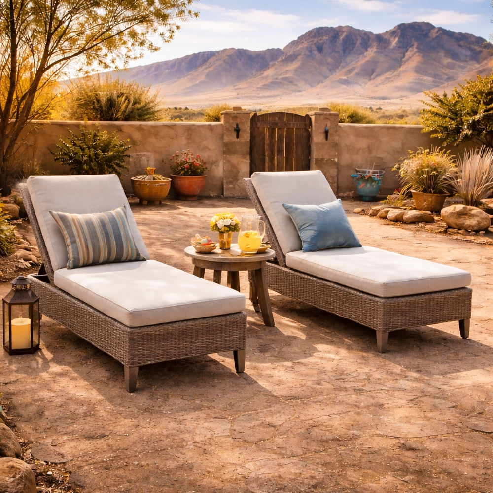 An outdoor lounge chair with a simple side table, adding function to a patio space